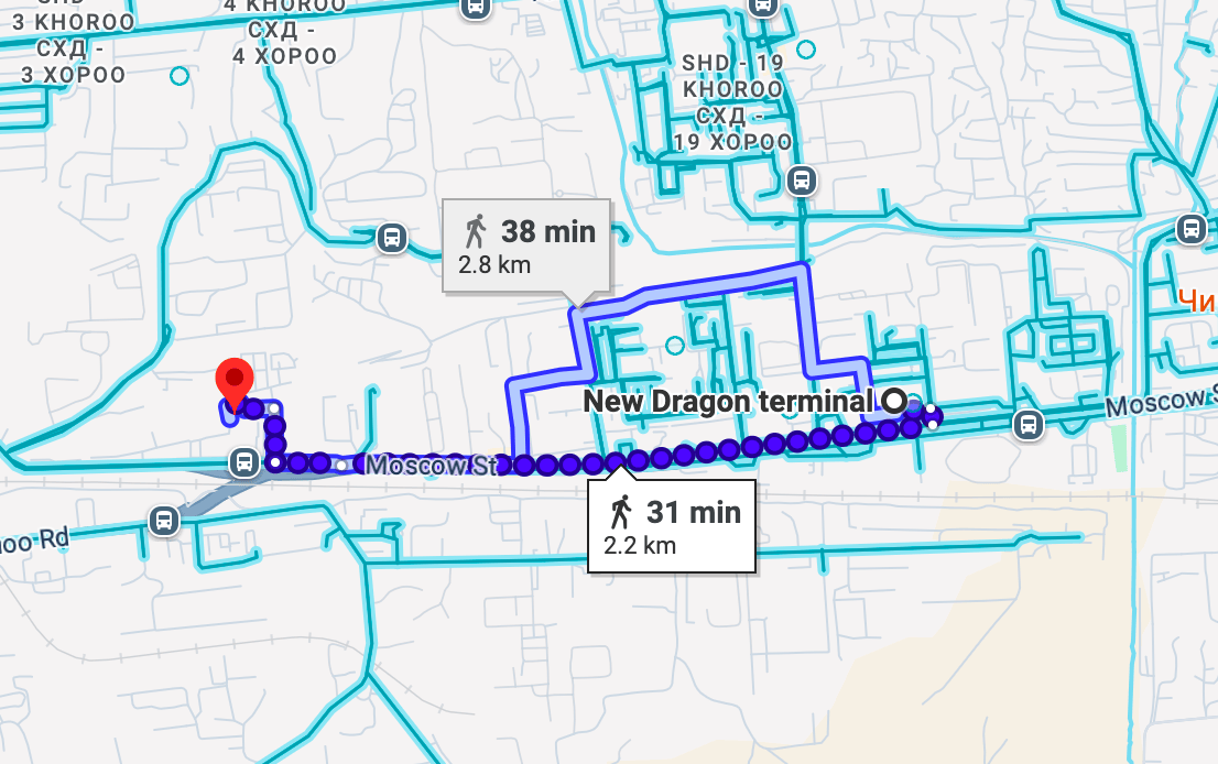 Google Maps showing route from New Dragon Terminal to Old Dragon Terminal in Ulaanbaatar